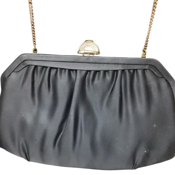 Vintage Black Satin  Mardane Md USA Purse Evening Bag Chain Strap & mirror - Picture 1 of 4